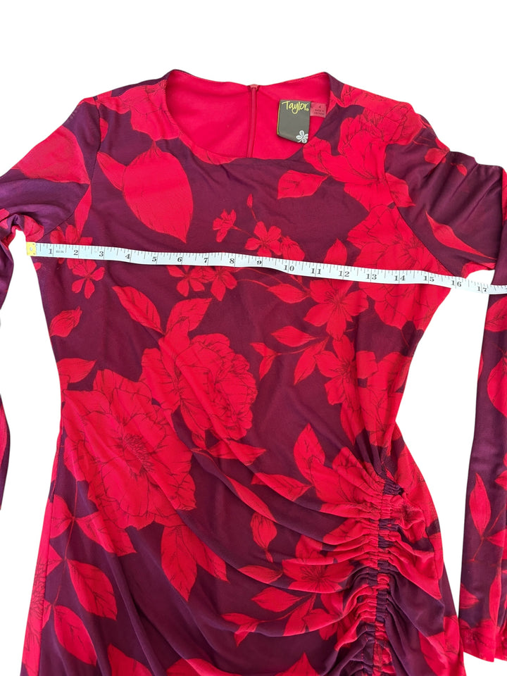 Taylor Women’s Purple/Red Long Sleeve Ruched Maxi Foral Dress, Size 4