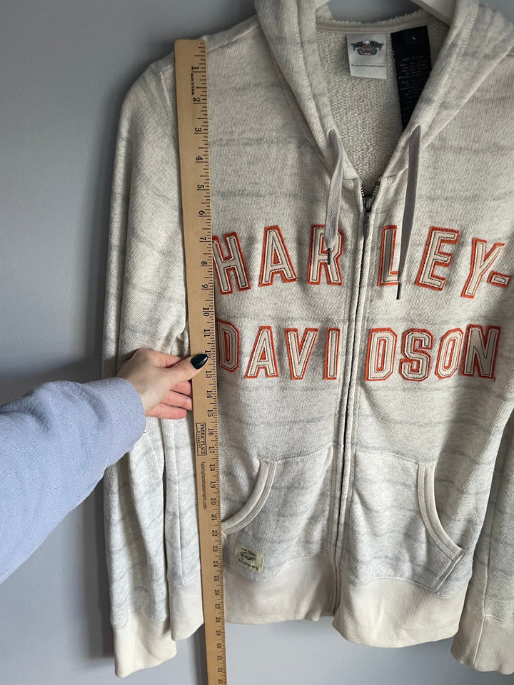 Harley Davidson Womens L Zip Up Hoodie Cream Orange Varsity Spellout Logo Biker
