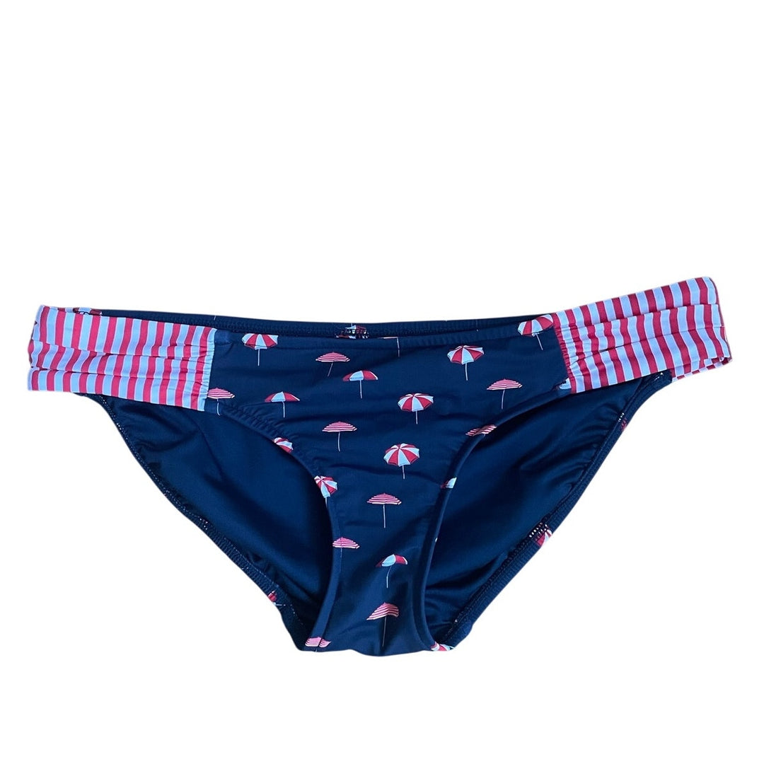 Seafolly Women's Riviera Ruched Side Bikini Bottom in Indigo Nautical Red White Blue Americana Beach Umbrella BathingSuit Bikini Bottoms M