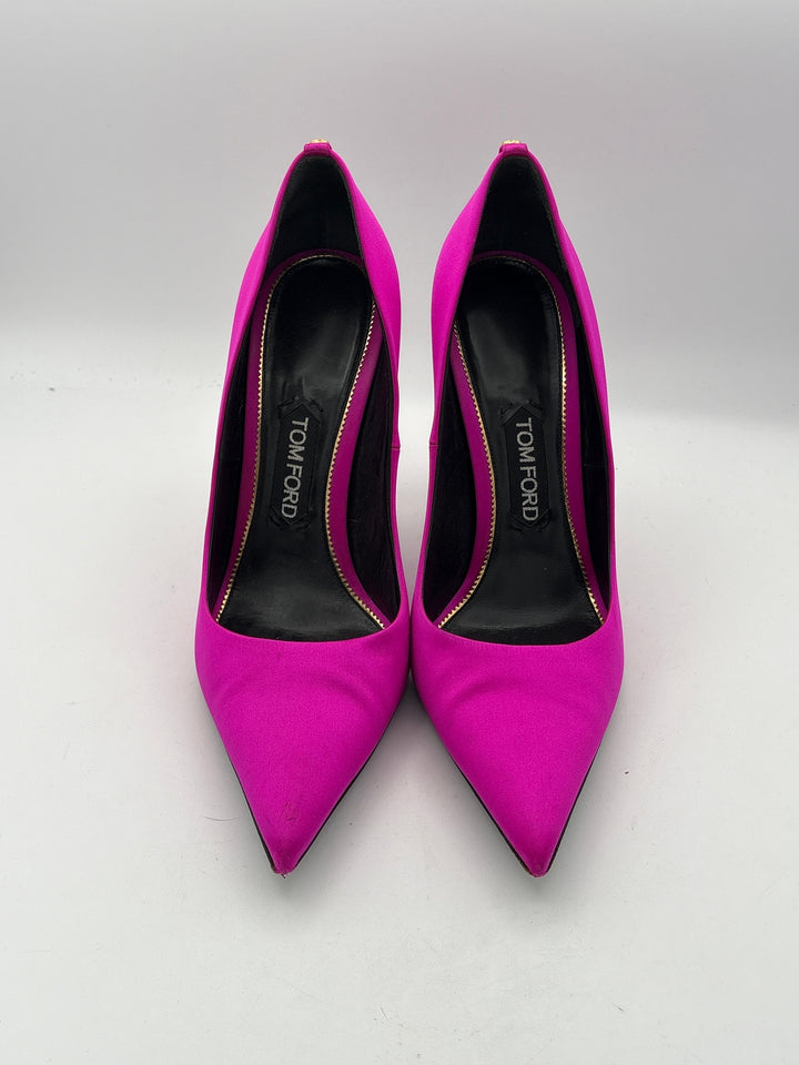 Women Tom Ford Size 9 Bright Magenta Satin Pumps Gold Button Detail