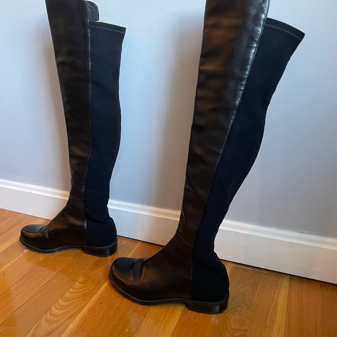 Stuart Weitzman 5050 Black Leather Elastic Back Round Toe Tall Boots EU35.5 US5