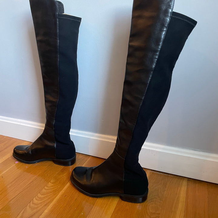 Stuart Weitzman 5050 Black Leather Elastic Back Round Toe Tall Boots EU35.5 US5