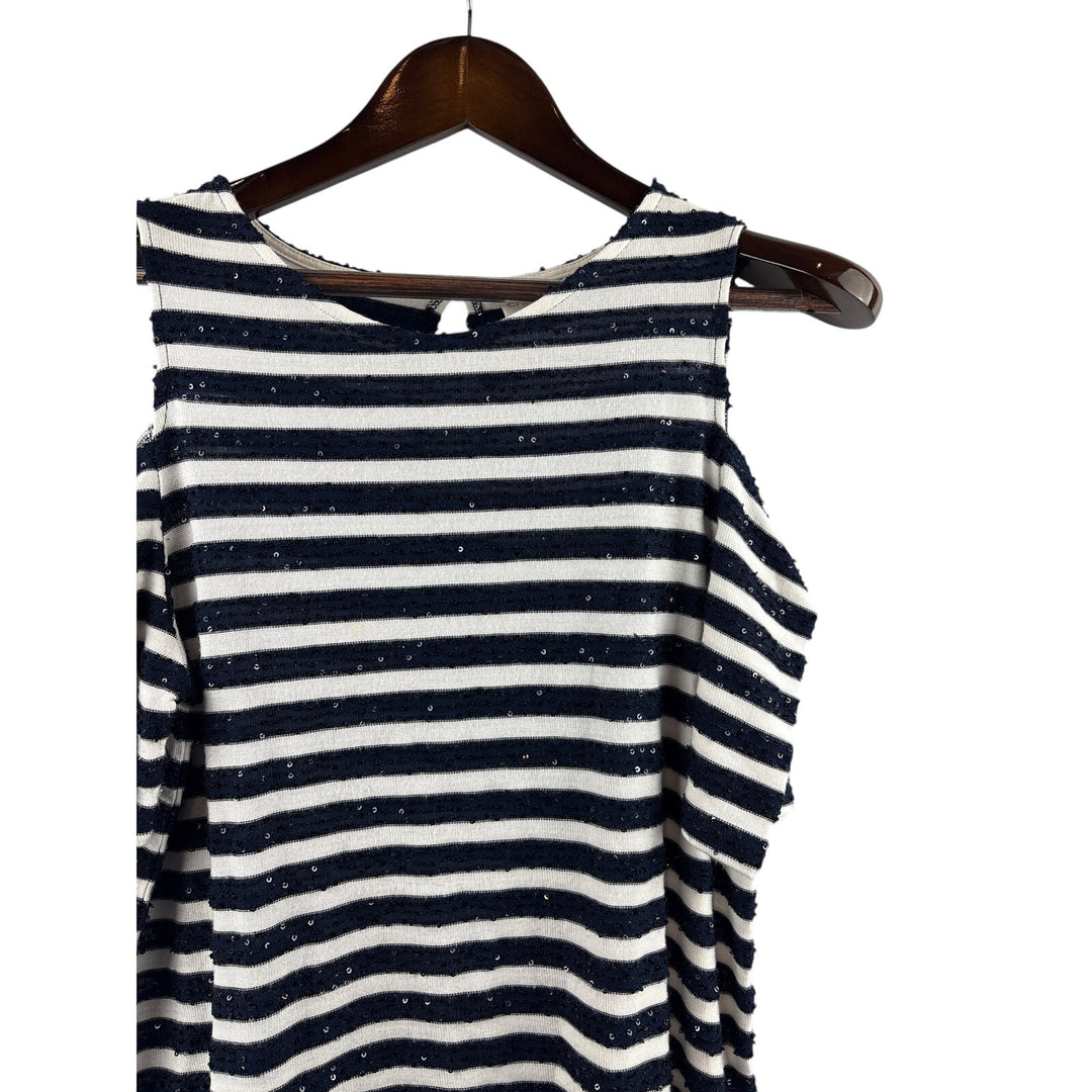 Women’s Chicos Size 2 White & Navy Sequined Striped Short Sleeve