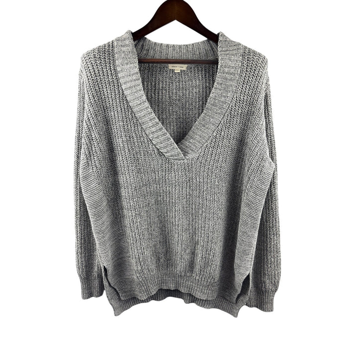Women’s Silence + Noise Small Light Gray Knit V-Neck Sweater