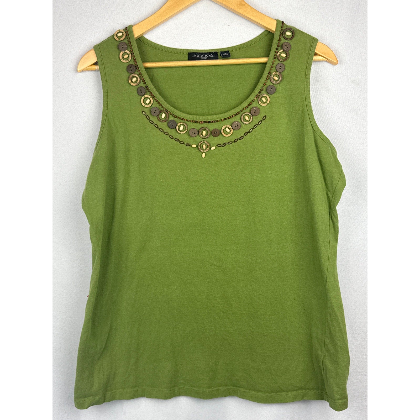 Women’s Notations Green Beadwork Cotton Tank Top Sz 1X