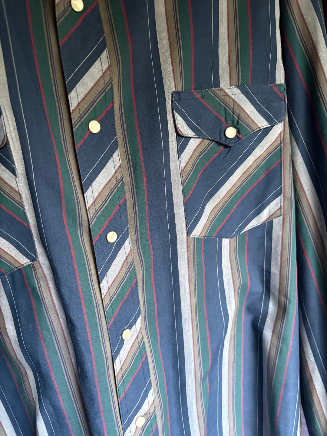 Vintage Wrangler Western Shirt Men XL Pearl Snap Blue Green Striped