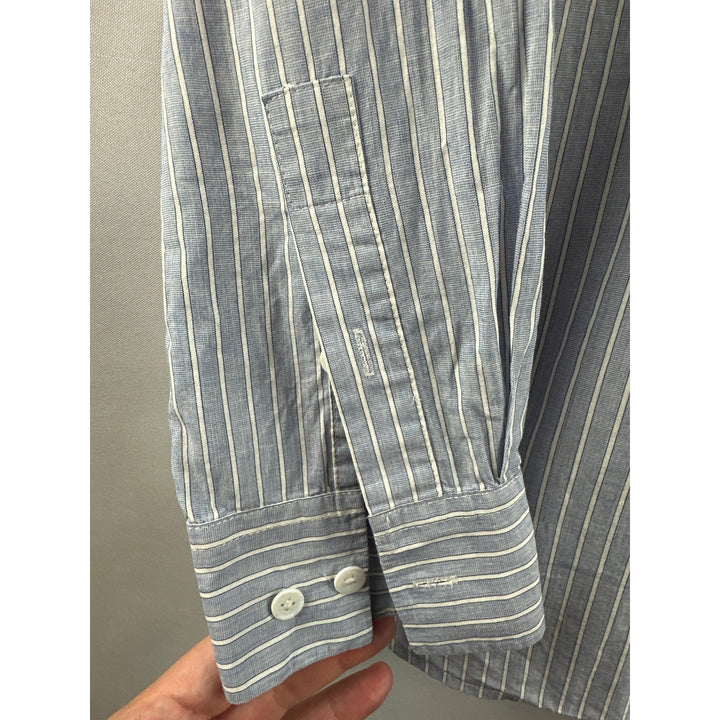 Women’s Equipment Femme Blue and White Striped Dress Shirt Size L