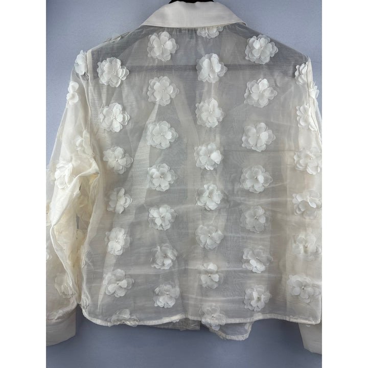 Women’s Adrianna Papell Cream Sheer Floral Appliqué Blouse Size L