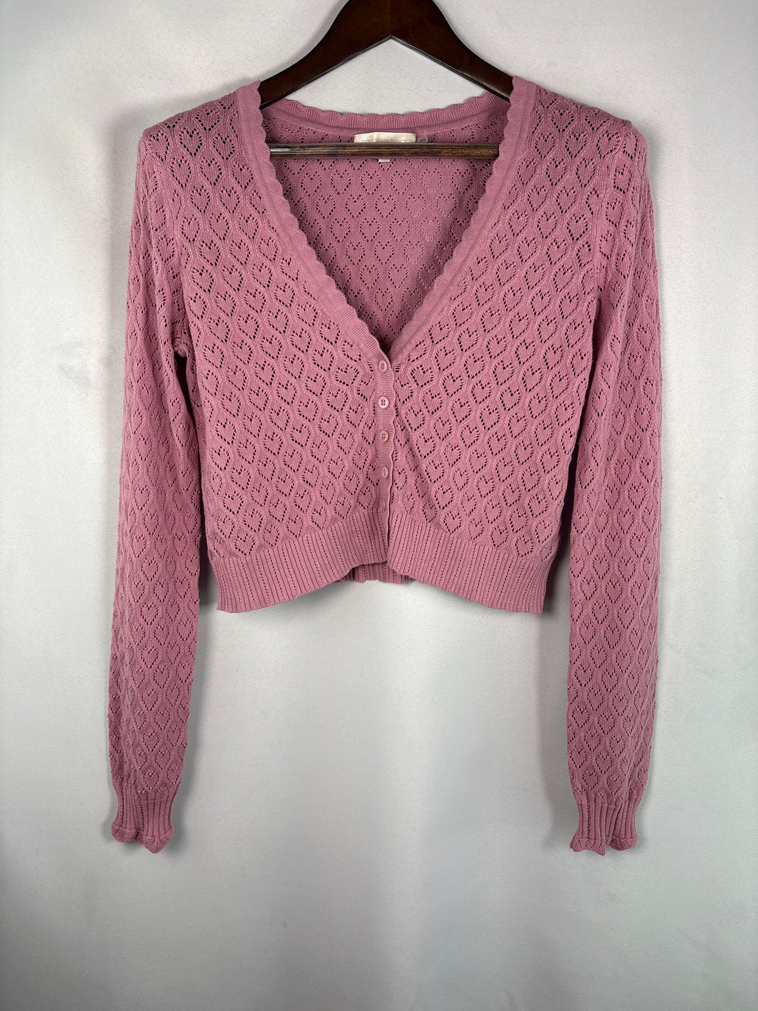 LoveShackFancy Women Mauve Heart Knit Cropped Cardigan Cotton Top