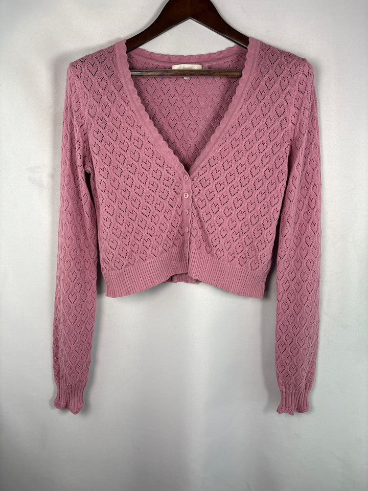 LoveShackFancy Women Mauve Heart Knit Cropped Cardigan Cotton Top