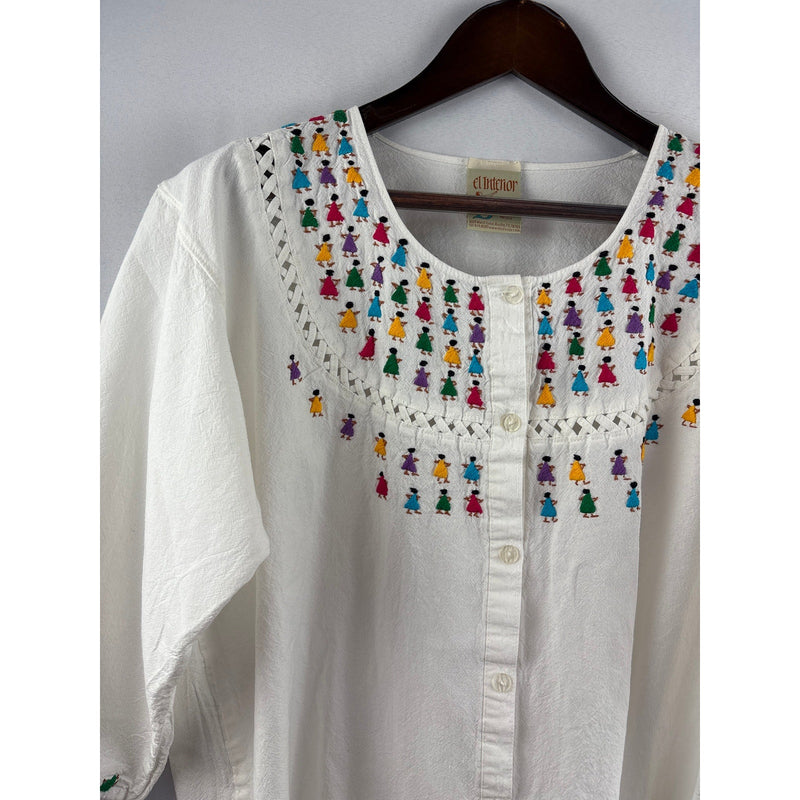 Women’s El Interior Large White w/ Multicolor Embroidery Button Up Blouse