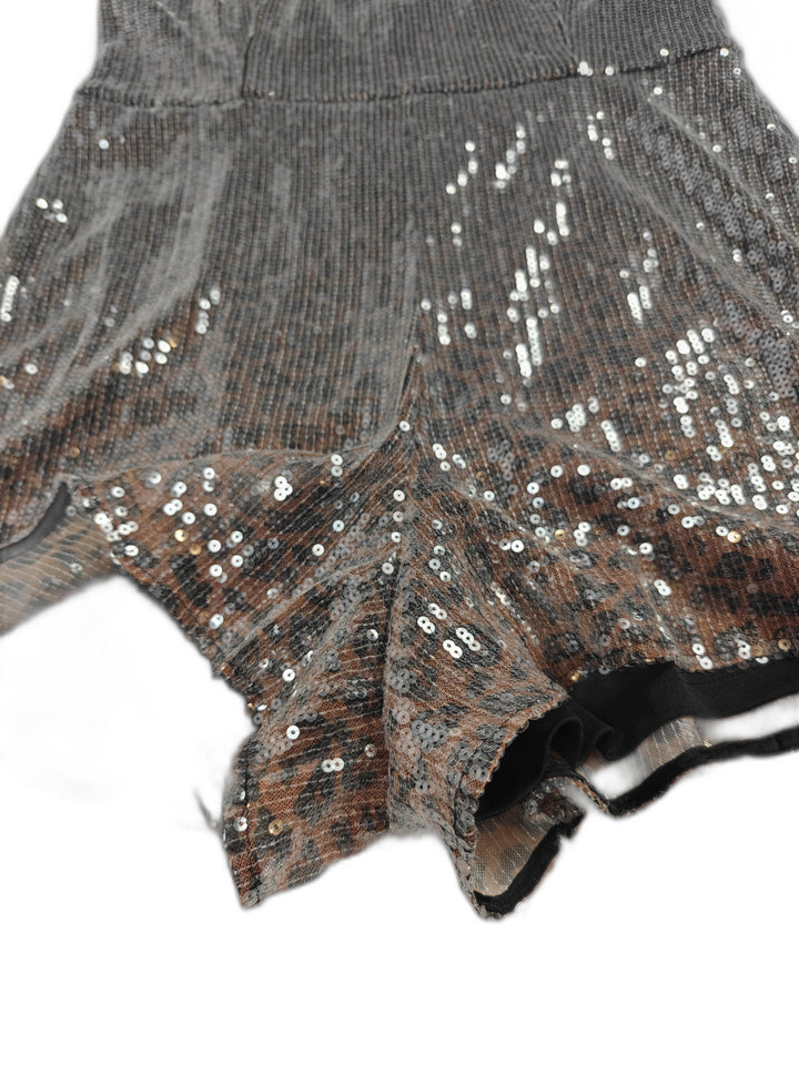 Women Hutch Sequin Romper Black Animal Print XL