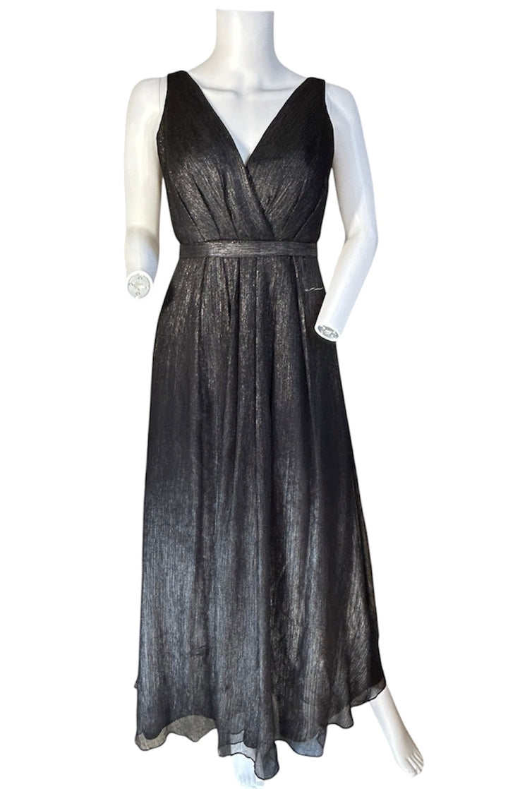 Monique Lhuillier Bridesmaids Size 2 Black Metallic Empire Plunge V-Neck Maxi Evening Dress Formal Wear