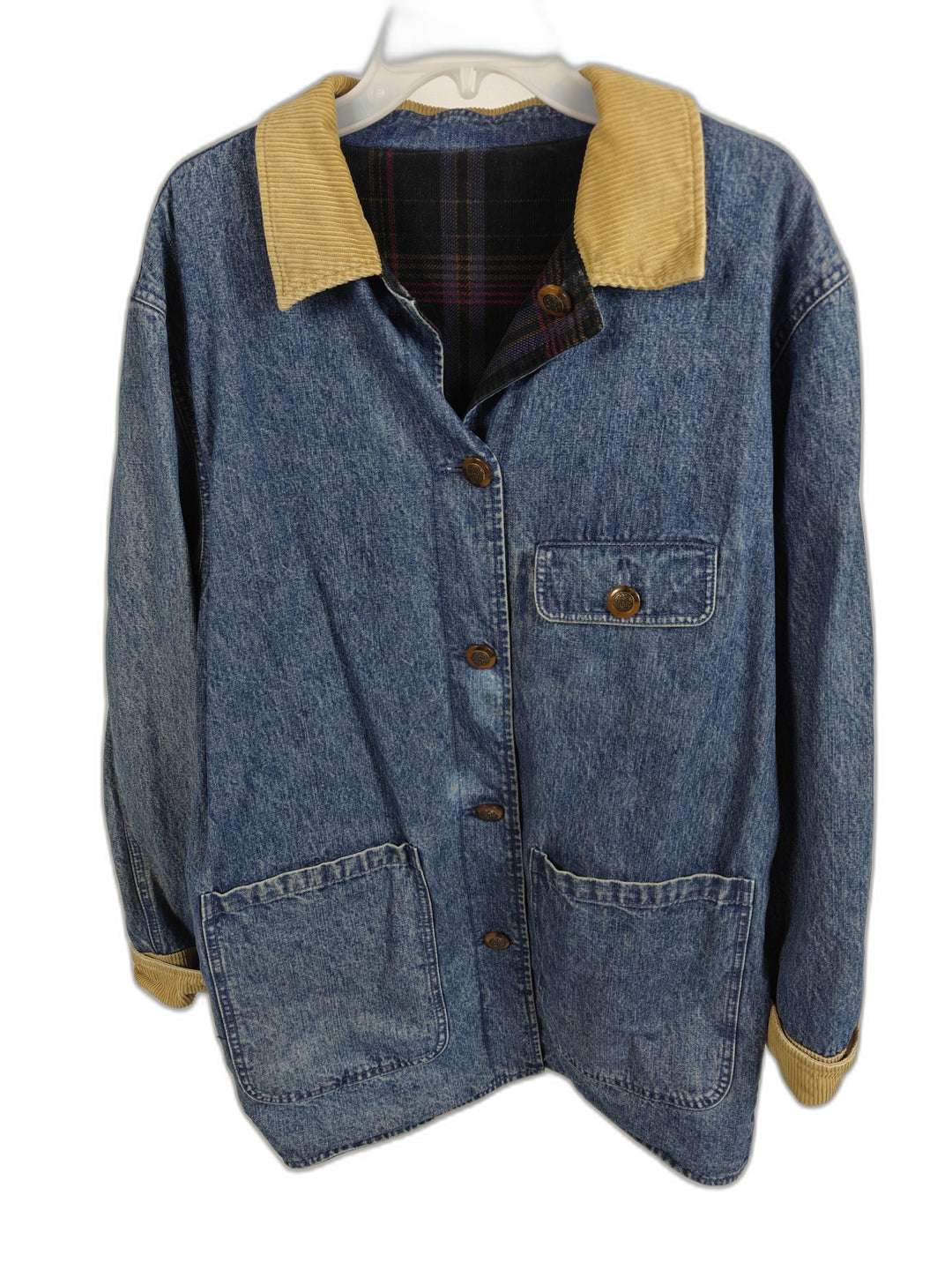 Nordstrom Vintage Blue Denim Jacket Women Corduroy Collar Plaid Lined Medium