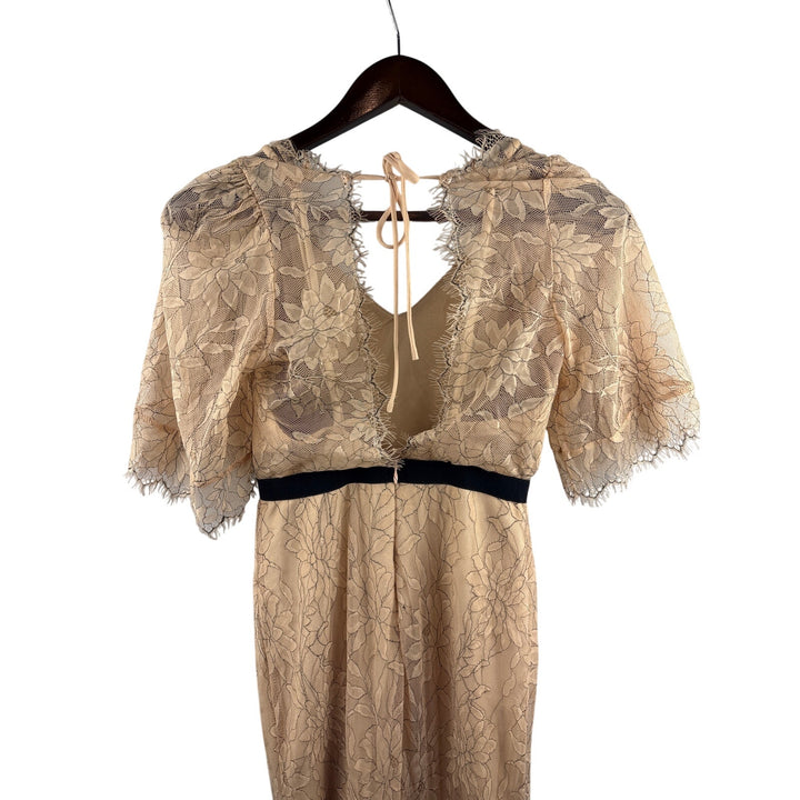 Women’s Lucy Wang Small Nude Floral Lace Maxi Dress w/ Black Belt