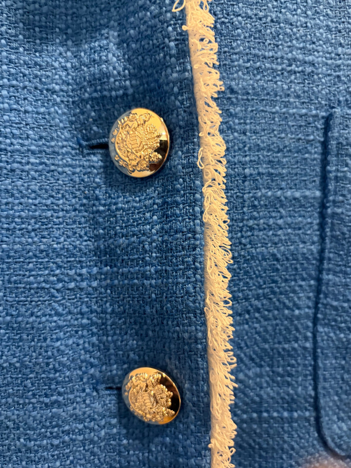 Susan Graver Royal Blue Tweed Blazer Jacket Size 4 Gold Buttons Quiet Luxury