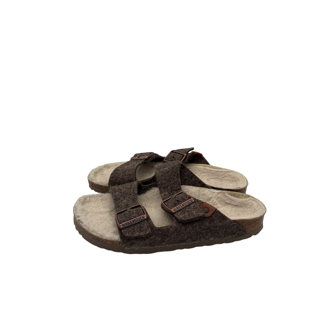 Women’s Birkenstock Size 7 Brown Fuzzy Buckle Sandals w/ Cream Fur Soles