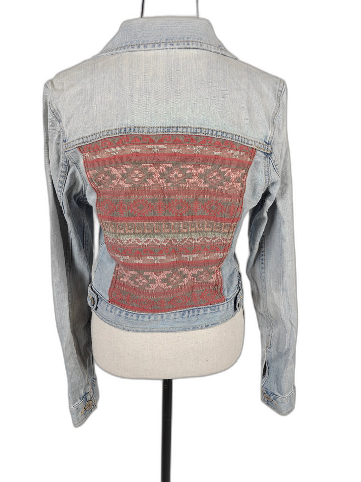 Womens American Eagle Denim Jacket Light Blue Medium Aztec Back Panel