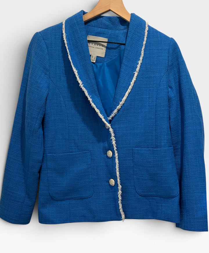 Susan Graver Royal Blue Tweed Blazer Jacket Size 4 Gold Buttons Quiet Luxury