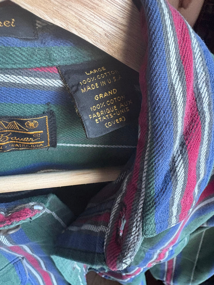 Eddie Bauer McKinley Mens Large Vintage Green Striped Cotton Flannel Shirt