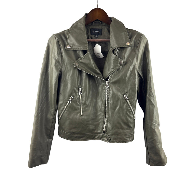 Women’s Zenana Large Olive Green Faux Leather Biker Jacket