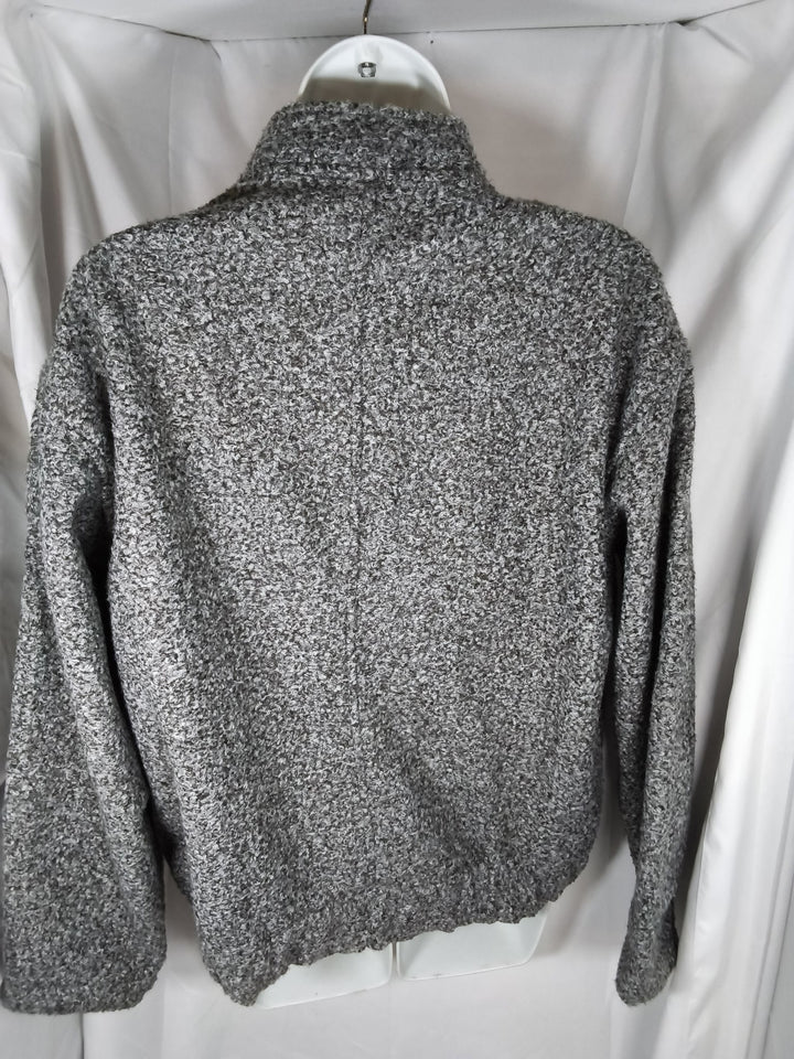 Grey Boucle Knit Bomber Jacket With Funnel Neck And Bubble Hem