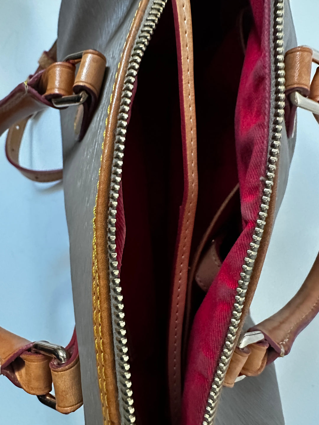 Dooney &amp; Bourke Taupe Gray Satchel Bag Tan Leather Trim Crossbody Strap