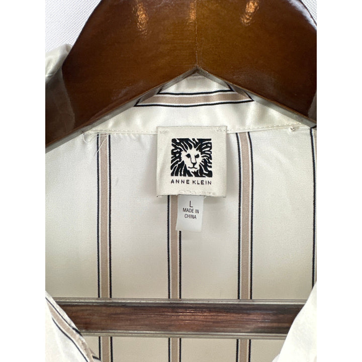 Women’s Anne Klein Cream and Tan Striped Satin Blouse Size L