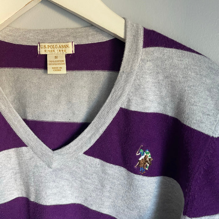 U.S.Polo Assn Y2k V neck Striped Sweater Purple Grey size Small