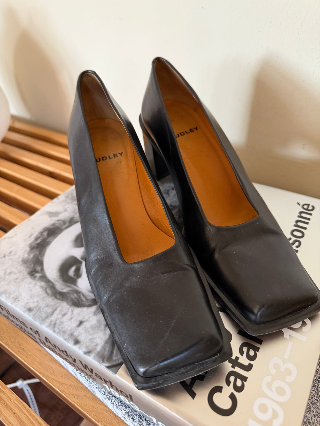 Vintage Audley Black Leather Square Toe Block Heel Pumps Size 38