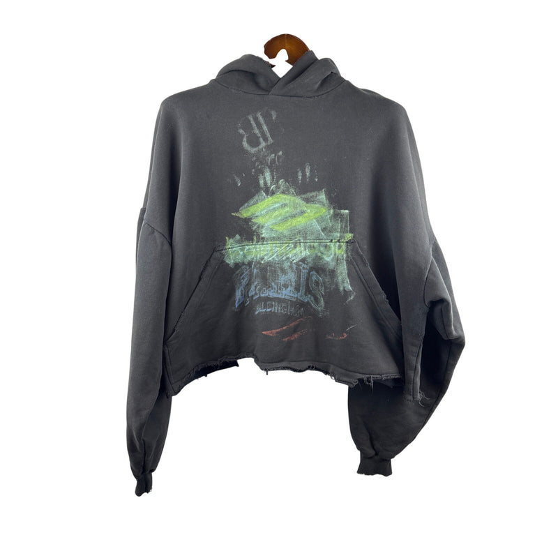 Unisex Balenciaga Size 2 Black Cropped Hoodie w/ Multicolor Abstract Design