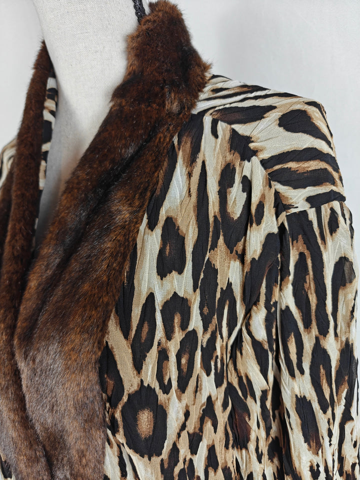 Chicos Leopard Print Sheer Blouse With Faux Fur Collar Brown Black Size 3