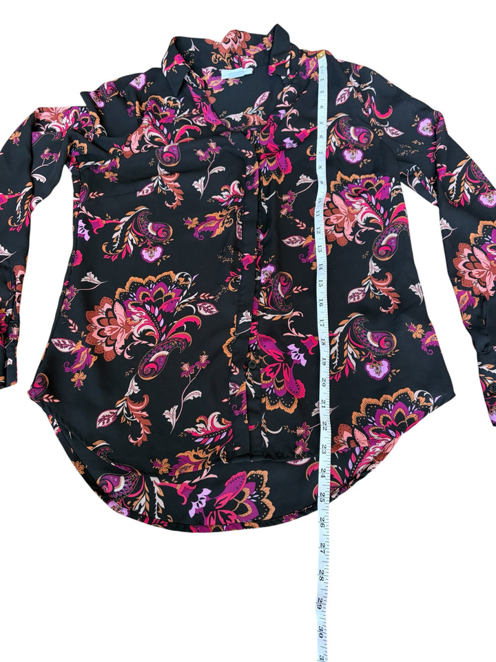 Liz Claiborne Women's Black & Pink Paisley Floral Long Sleeve Blouse, Size XS