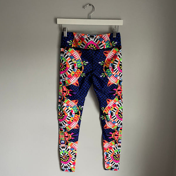 Mara Hoffman Navy Blue Boho Neon Printed Yoga Pilates Eye Workout Leggings Sz S