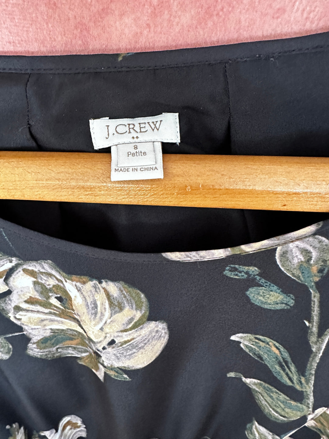 JCrew Black Floral Long Sleeve Dress Size 8 Petite Elastic Waist Scoop Neck