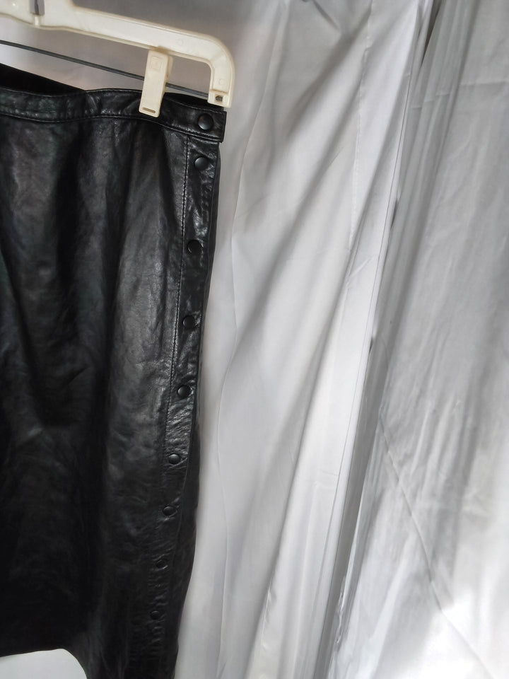 Vintage 1980s Black Genuine Leather Asymmetric Snap Midi Skirt Size 12