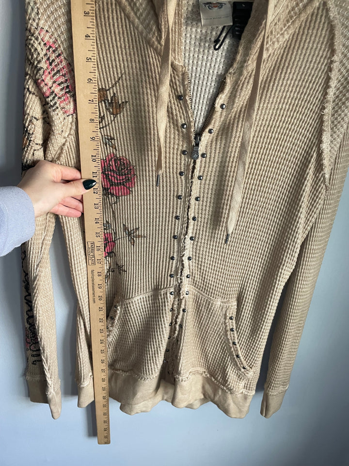 Womens Harley Davidson Y2K Cream Waffle Hooded Cardigan Floral Size L