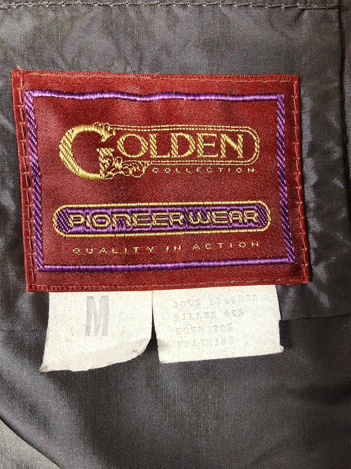 Mens Vintage Golden Pioneer Wear Leather Puffer Jacket Gray Fur Collar