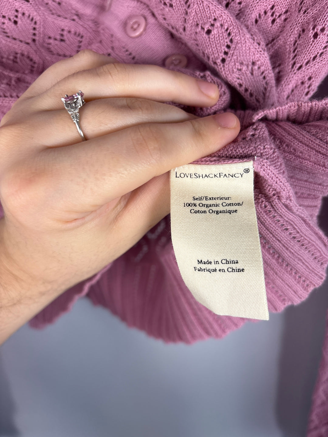 LoveShackFancy Women Mauve Heart Knit Cropped Cardigan Cotton Top