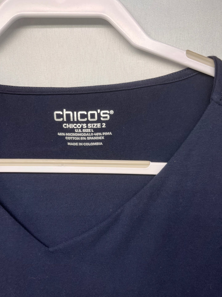 Chico’s Women’s Navy Blue V-Neck T-Shirt 3/4 Sleeve Casual Stretch Top