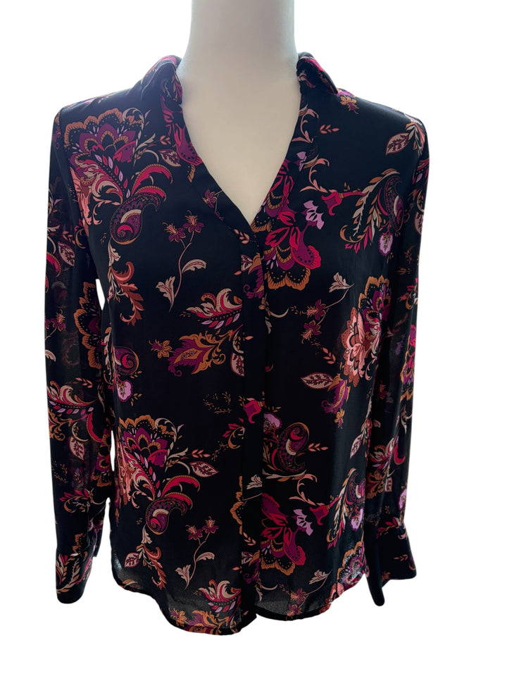 Liz Claiborne Women's Black & Pink Paisley Floral Long Sleeve Blouse, Size XS