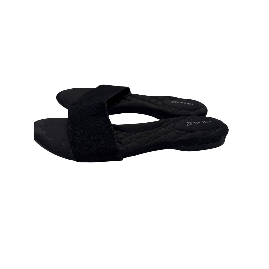 Women’s Birdies Size 6 Black Fur & Satin Slip On Sandals