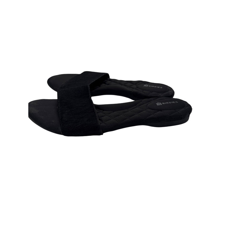 Women’s Birdies Size 6 Black Fur & Satin Slip On Sandals
