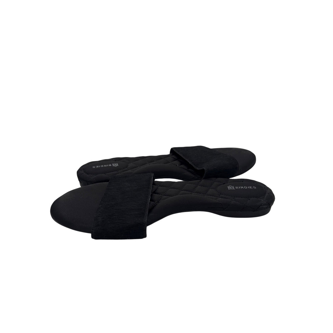 Women’s Birdies Size 6 Black Fur & Satin Slip On Sandals