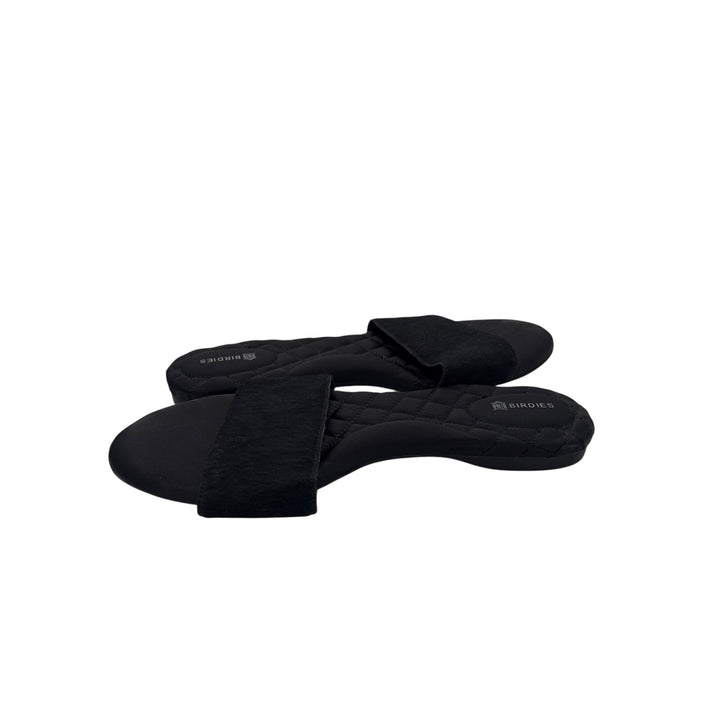 Women’s Birdies Size 6 Black Fur & Satin Slip On Sandals