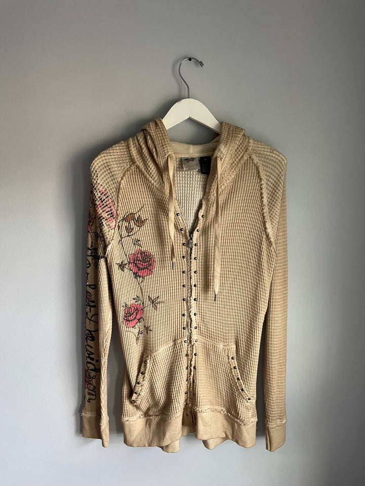 Womens Harley Davidson Y2K Cream Waffle Hooded Cardigan Floral Size L