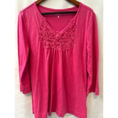Croft & Barrow Womens Pink Crochet Neck Tunic Top Size L Cotton/Polyester