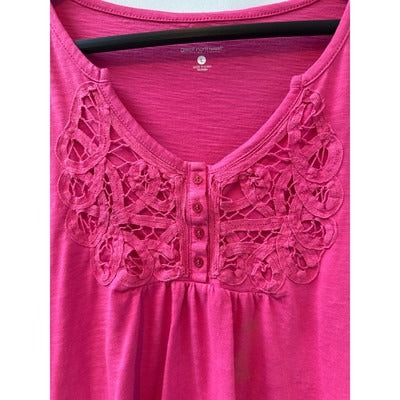 Croft & Barrow Womens Pink Crochet Neck Tunic Top Size L Cotton/Polyester