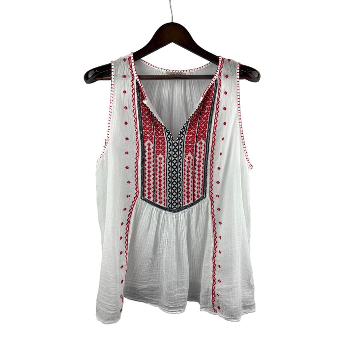 Women’s Lucky Brand XL White Tank Blouse w/ Red & Blue Embroidery