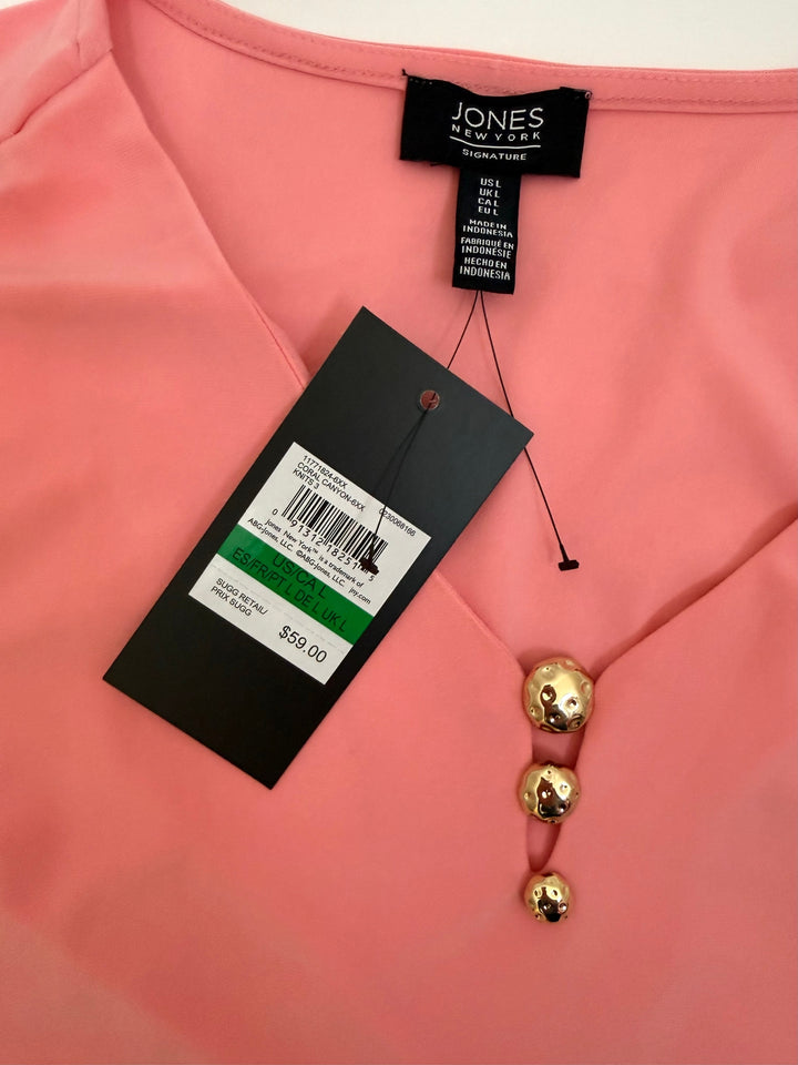 Jones New York Coral Short Sleeve Blouse Gold Buttons Size Large NWT
